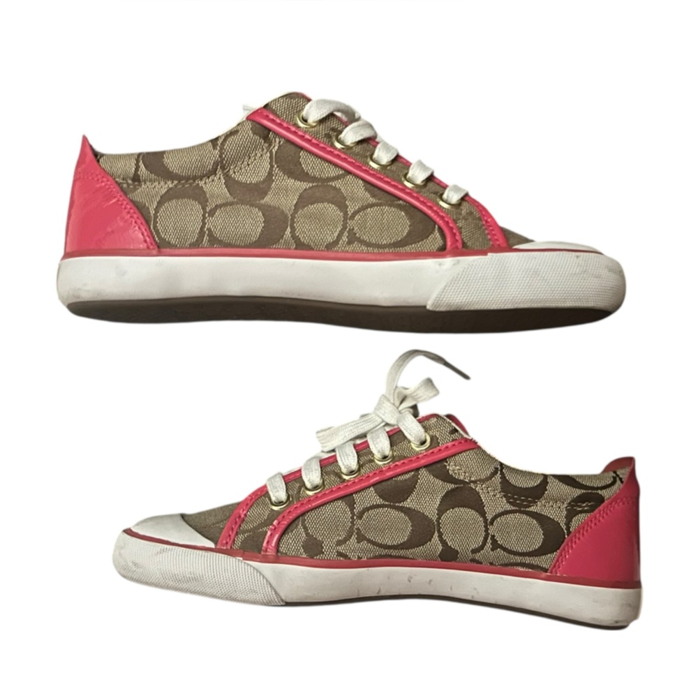 Coach “Barrett” Sneakers Brown Signature Canvas Sneakers with Pink Leather Trim - Picture 7 of 16